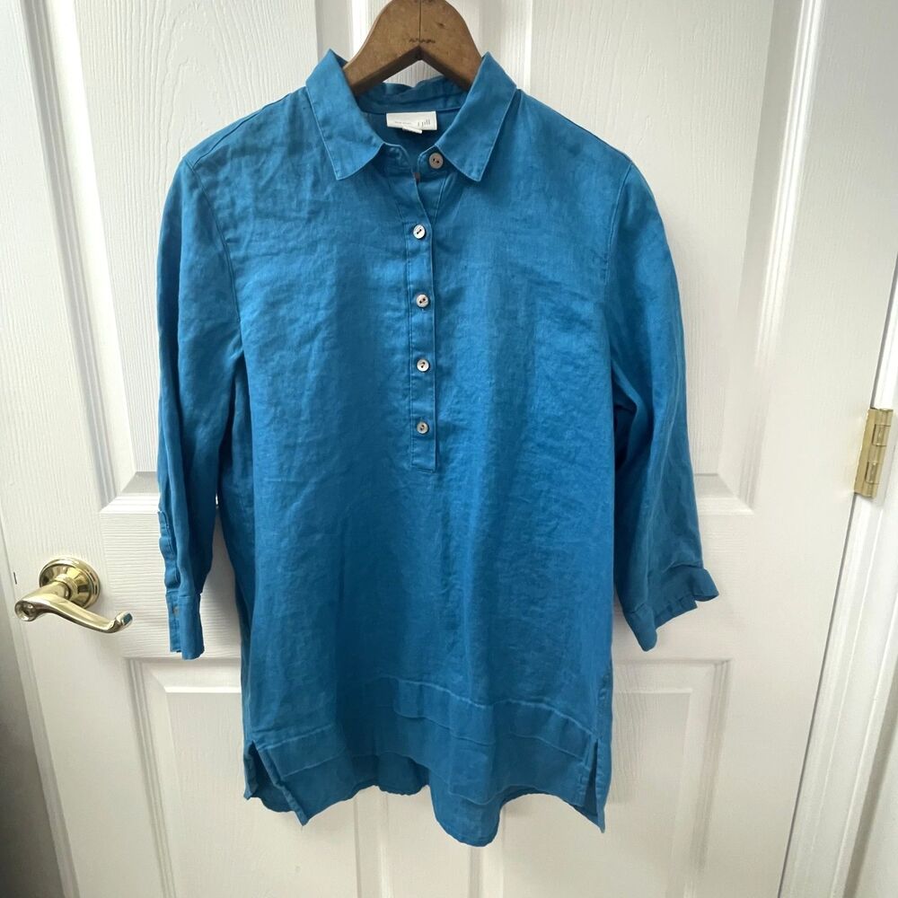 J. Jill Love Linen Turquoise Blue Shell Buttons 3/4 Sleeve Women's Size XS